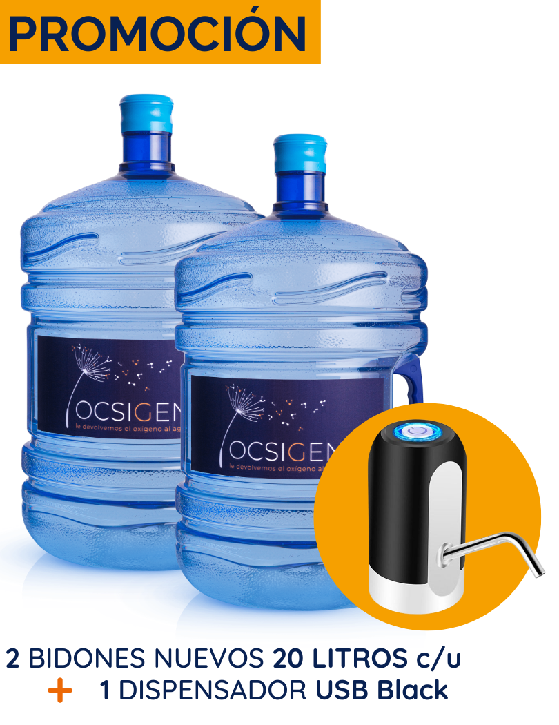 PROMOCIÓN: 2 bidones de 20 Litros c/u + 1 Dispensador USB Black (incluye envases retornables, agua y 1 dispensador)
