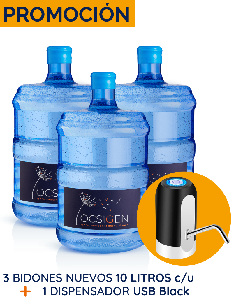 PROMOCIÓN: 3 bidones de 10 Litros c/u + 1 Dispensador USB Black (incluye envases retornables, agua y 1 dispensador)