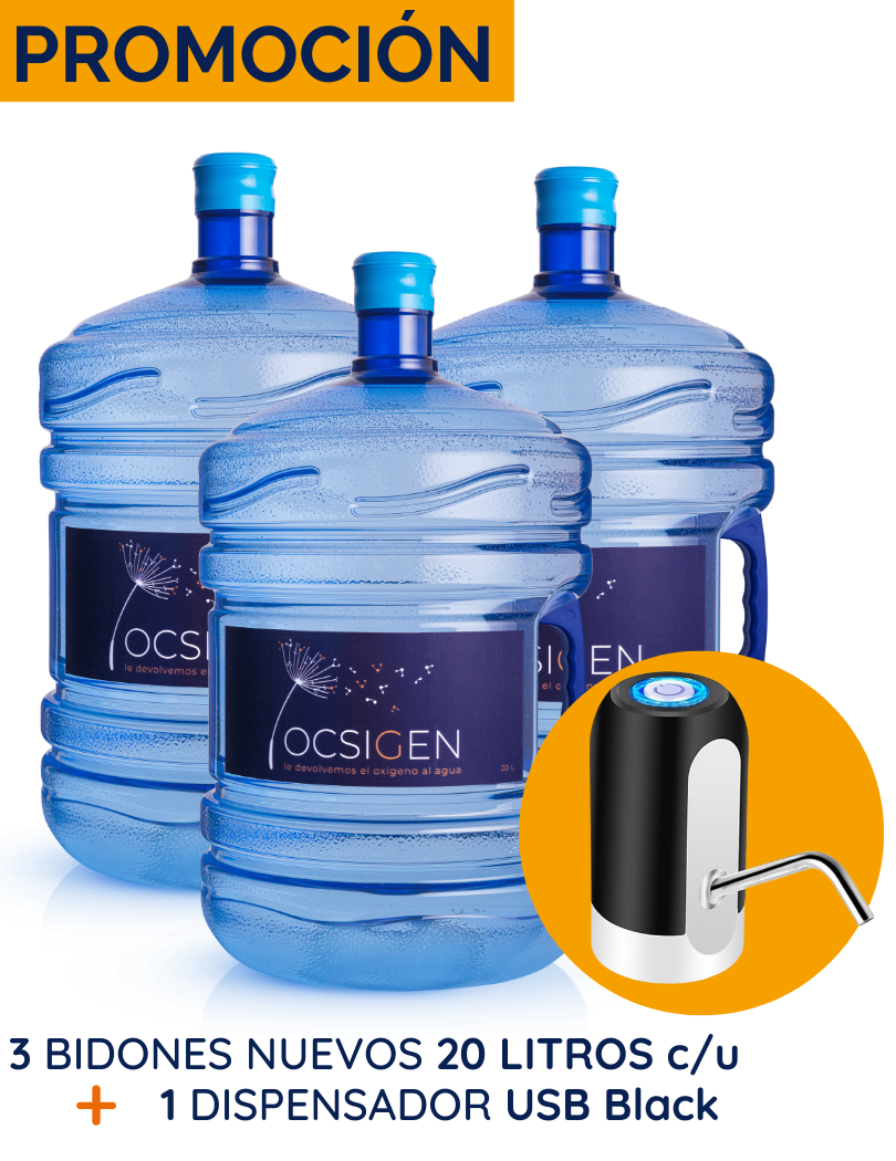 PROMOCIÓN: 3 bidones de 20 Litros c/u + 1 Dispensador USB Black (incluye envases retornables, agua y 1 dispensador)