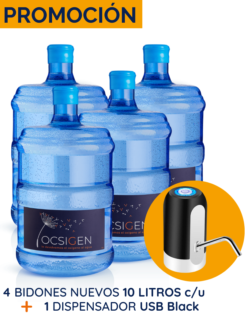 PROMOCIÓN: 4 bidones de 10 Litros c/u + 1 Dispensador USB Black (incluye envases retornables, agua y 1 dispensador)
